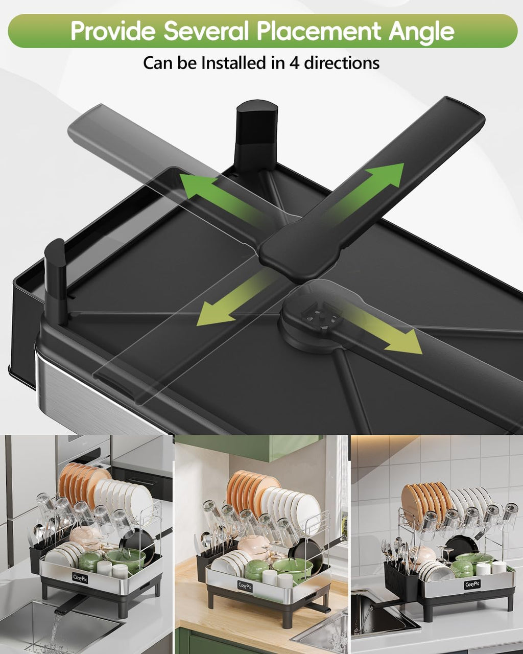 2 Tier Dish Drying Rack, Thicker Premium 304 Stainless Steel Dish Racks for Kitchen Counter, Automatic Drainage Spout, Dish Drainer & Drainboard Set with Utensil Holder and Cup Holder, Black