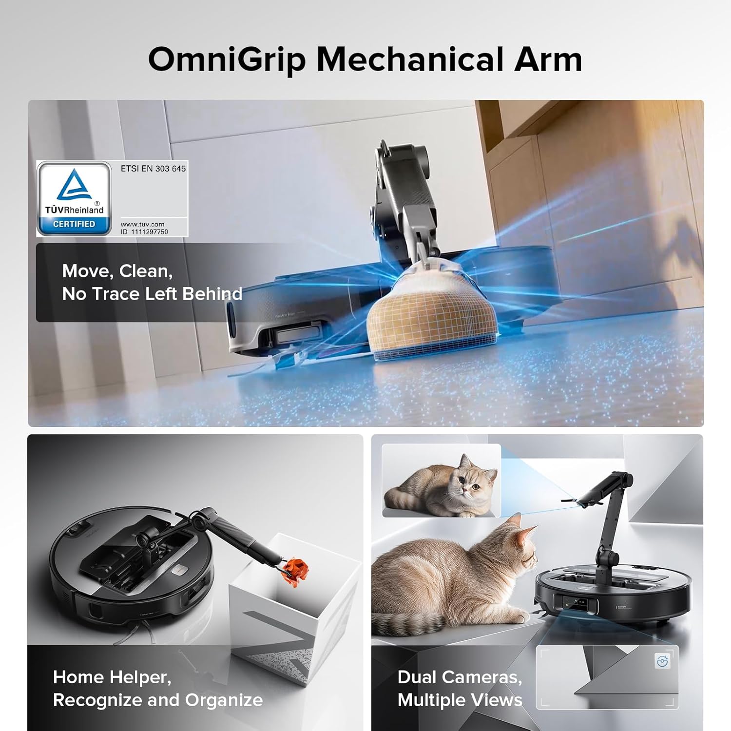 roborock Saros Z70 Robot Vacuum and Mop, OmniGrip Arm, AI-Powered, 22,000Pa Suction, 3.14’’ Ultra Slim, FlexiArm Riser Technology, AdaptiLift Chassis, Obstacle Avoidance, Auto Mop Washing & Drying