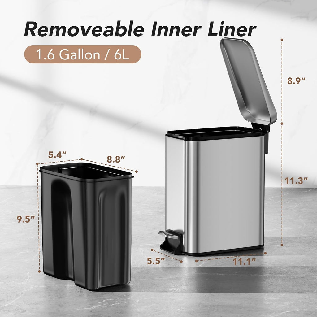 Small Trash Can with Lid Soft-Close, 6 L/1.6 Gal Bathroom Garbage Can with Removable Inner Bucket, Step Pedal, Stainless Steel Wastebasket for Kitchen, Bathroom, Bedroom, Office, Silver