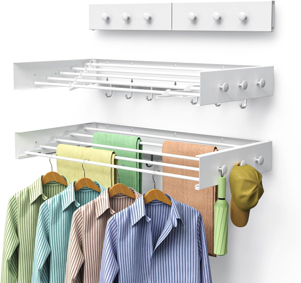 Drying Rack Clothing,Clothes Drying Rack Wall Mounted,Laundry Drying Rack Wall Mount,Foldable,Collapsible,60 lb Capacity 5 Aluminium Poles with 12 Hooks,Space Saving Clothes Drying Rack,White 31.5"