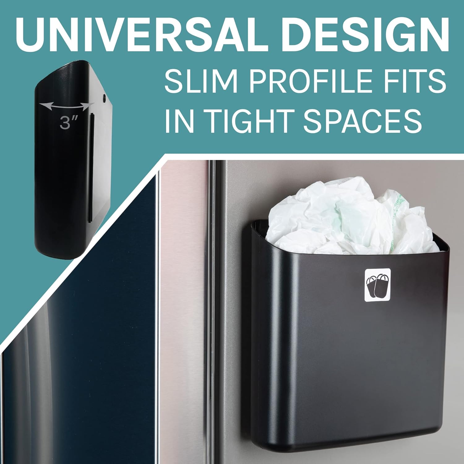 JS Jackson Supplies Black Lint Bin with Magnetic Back (Set of 2), Large and Small Space Saving Trash Bins and Organizers for Laundry Room and Kitchen, Wall Mountable