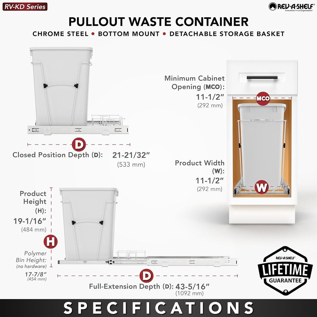 Rev-A-Shelf Pullout Trash Can for Kitchen Cabinets 35 Qt Garbage Waste Recycling Bin w/ Full Extension Slide, Metallic Silver, RV-12KD-17C S