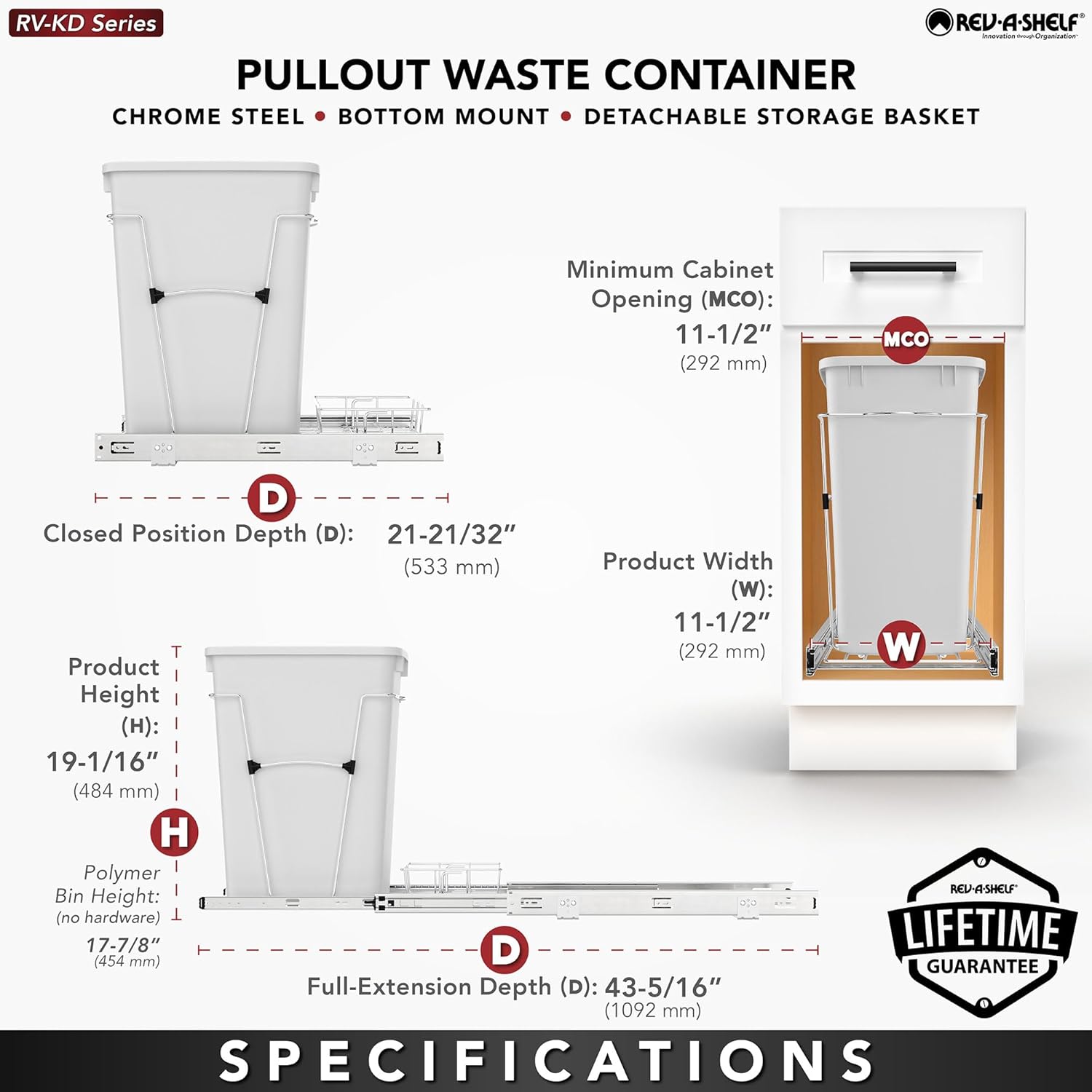 Rev-A-Shelf Pullout Trash Can for Kitchen Cabinets 35 Qt Garbage Waste Recycling Bin w/ Full Extension Slide, Metallic Silver, RV-12KD-17C S