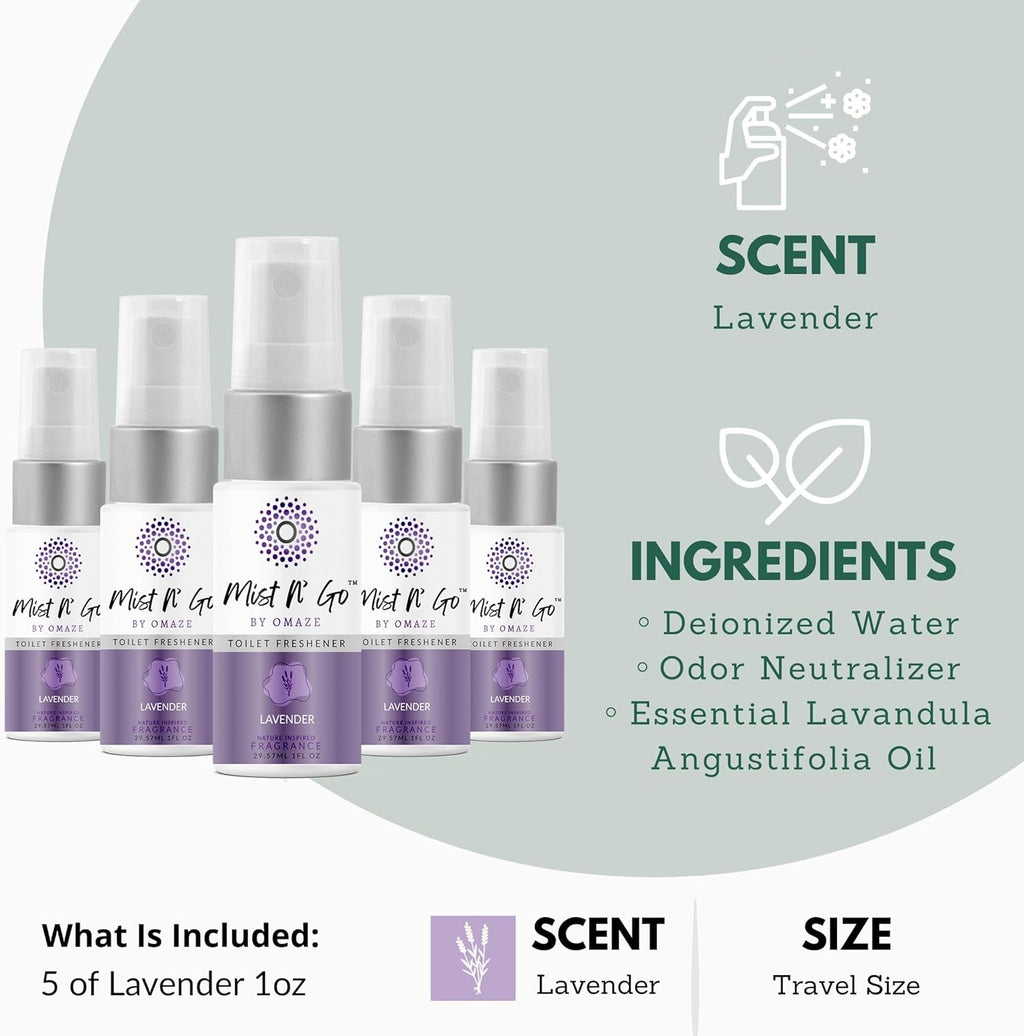 Mist N’ Go by Omaze Travel Bathroom Spray for Toilet Spray Odor Eliminator - Travel Toilet Spray for Bathroom Air Freshener Spray for Bathroom Deodorizer - Lavender Travel Size (1oz x5)