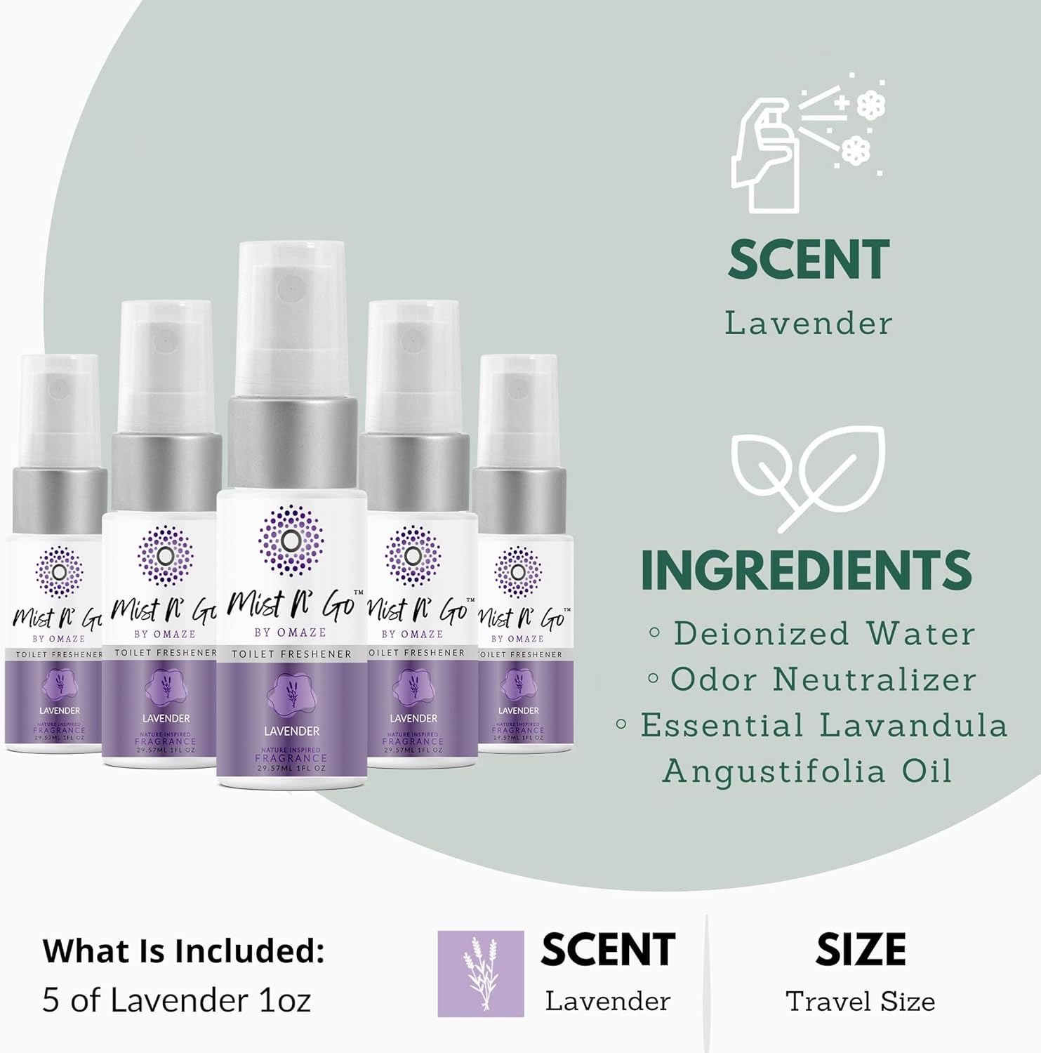 Mist N’ Go by Omaze Travel Bathroom Spray for Toilet Spray Odor Eliminator - Travel Toilet Spray for Bathroom Air Freshener Spray for Bathroom Deodorizer - Lavender Travel Size (1oz x5)
