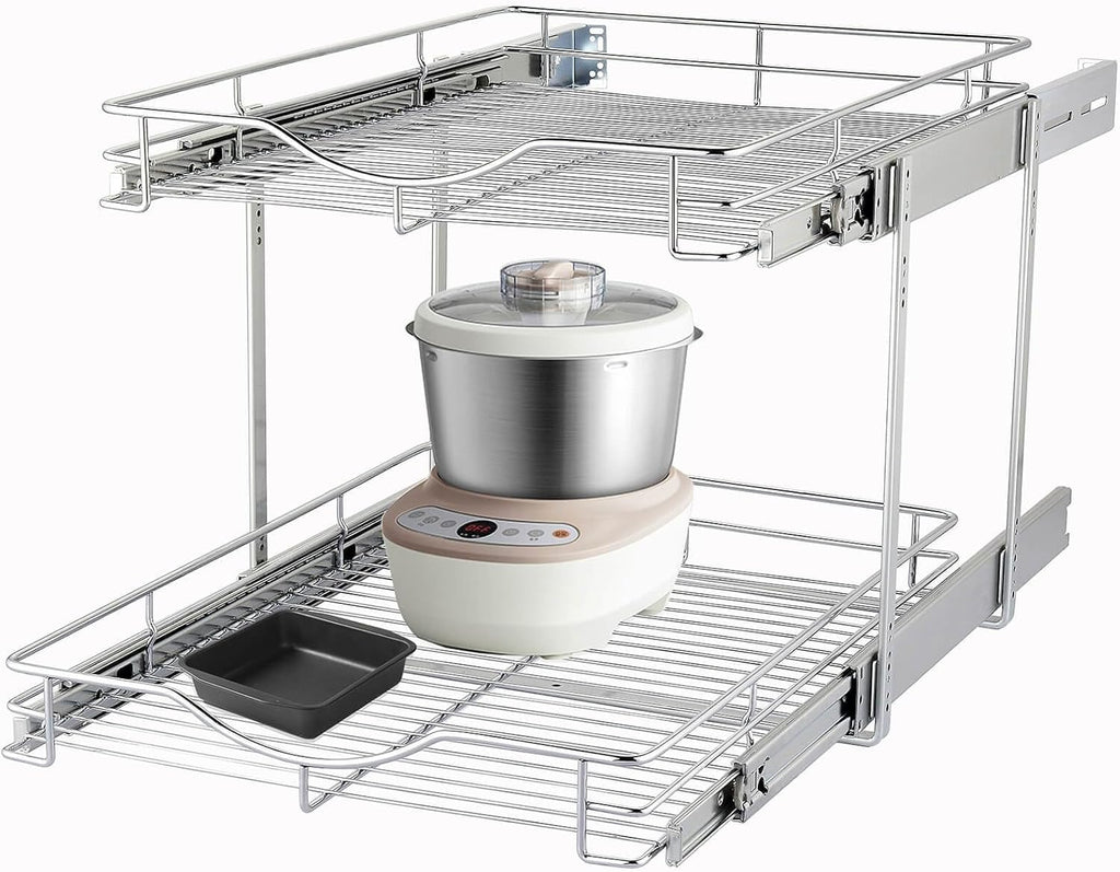 DINDON 2 Tier Pull Out Cabinet Organizer (14" W X 18" D), Double Tier Wire Basket Slide Out Shelf Storage for Kitchen Base Cabinet Organization for Kitchen, Pantry, Bathroom, Chrome