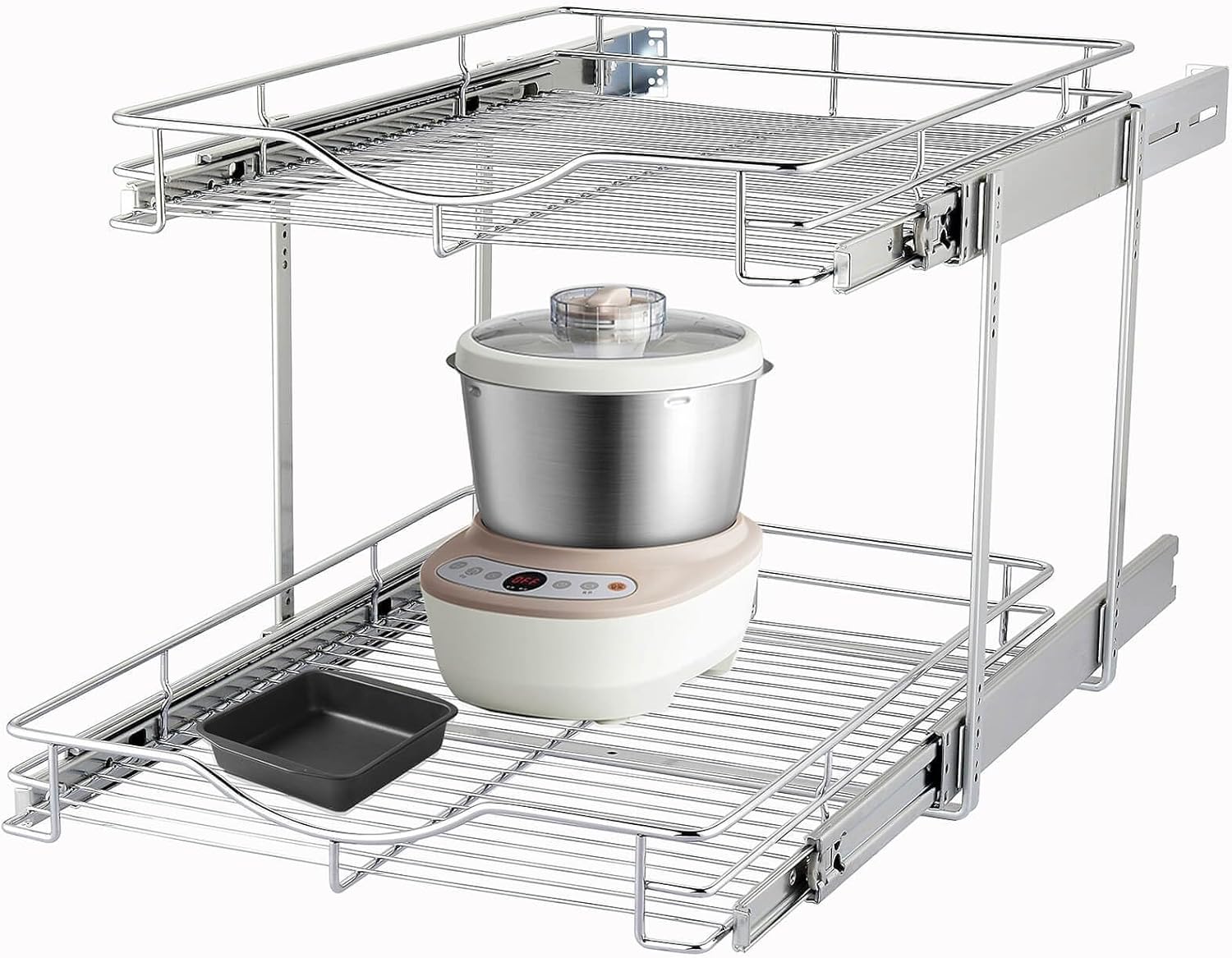 DINDON 2 Tier Pull Out Cabinet Organizer (14" W X 18" D), Double Tier Wire Basket Slide Out Shelf Storage for Kitchen Base Cabinet Organization for Kitchen, Pantry, Bathroom, Chrome