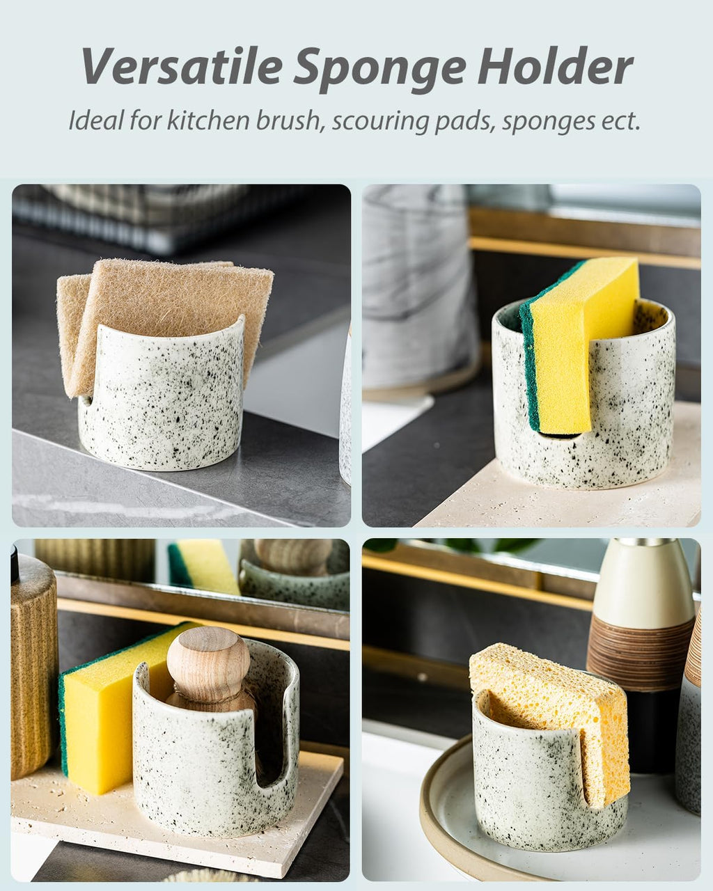 Kitchen Sink Sponge Holder, Dish Sponge Rack Ceramic Brush Holder Farmhouse Kitchen Dish Rack for Brush, Scrubbers, Bathroom, Sink, Speckled Glaze