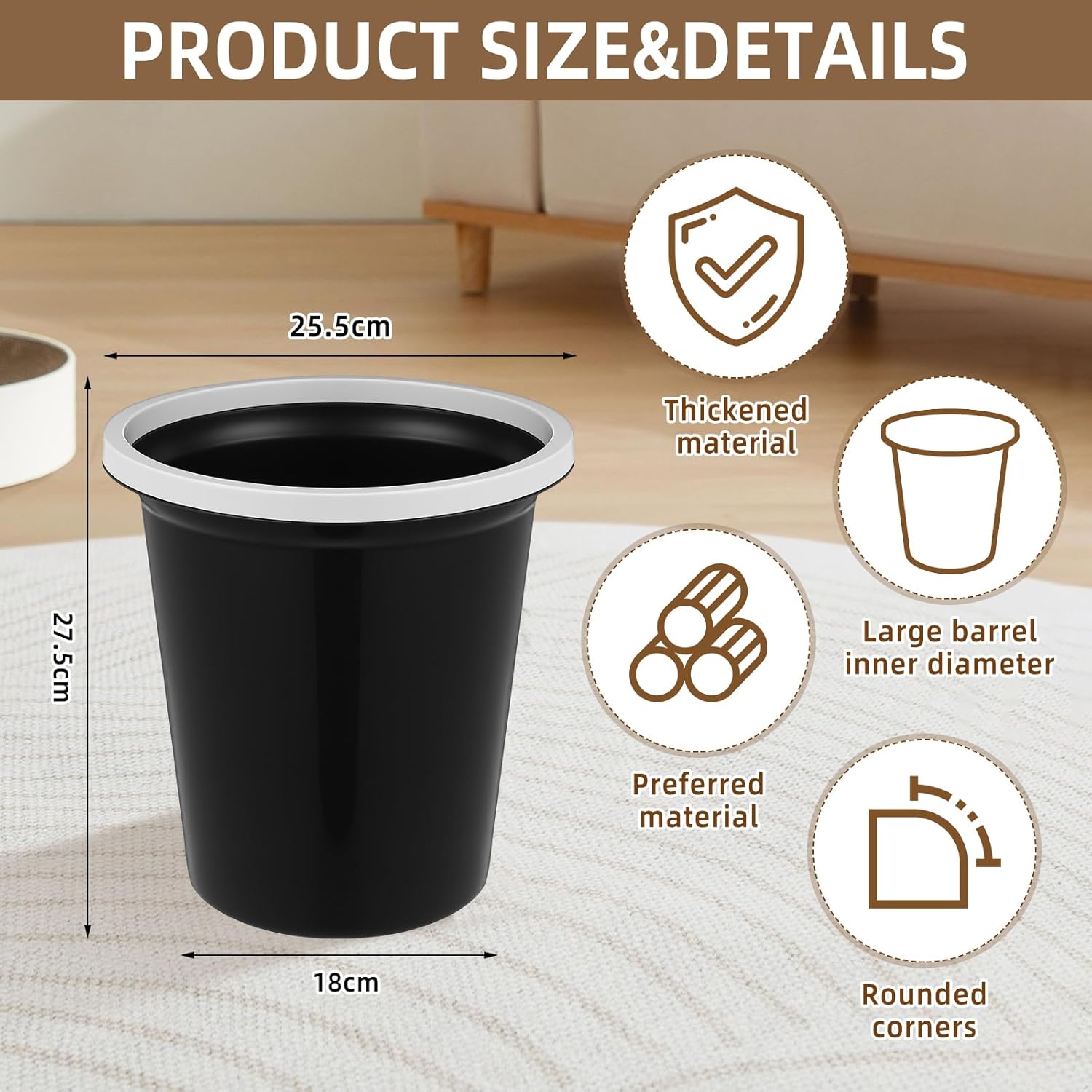 Maxdot 36 Pcs Bathroom Trash Cans Bulk 2 Gallon Small Waste Basket Round Garbage Can Plastic Trash Bin Small Container for Home Dorm Kitchen Office Living Room Study Compact Spaces(Black)