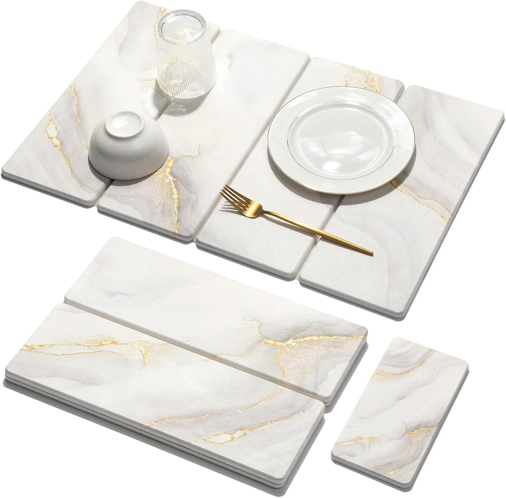 2 PCS Large Stone Dish Drying Mat for Kitchen Counter Quick Dry Stone Dishes Mats Marbled Water Absorbing Diatomaceous Earth Drying Pad for Countertop Bottles Utensils Cups (Gold White 24"x16"&8"x4")