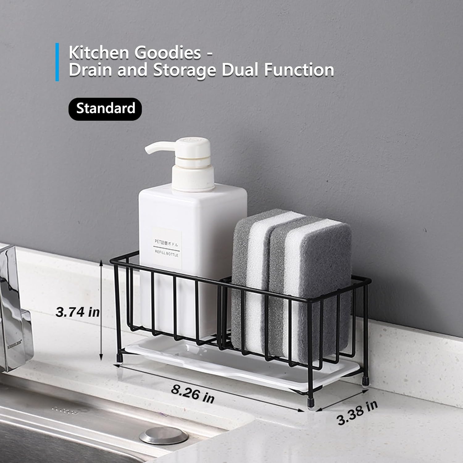 Kavciva Sink Caddy Sponge Holder,304 Stainless Steel Dish Brush Holder,Kitchen Countertop Sink Rack,Dish Soap Holder,Dishwashing Tool Drying Tray with Adjustable Partitions,Essential Kitchen Shelves