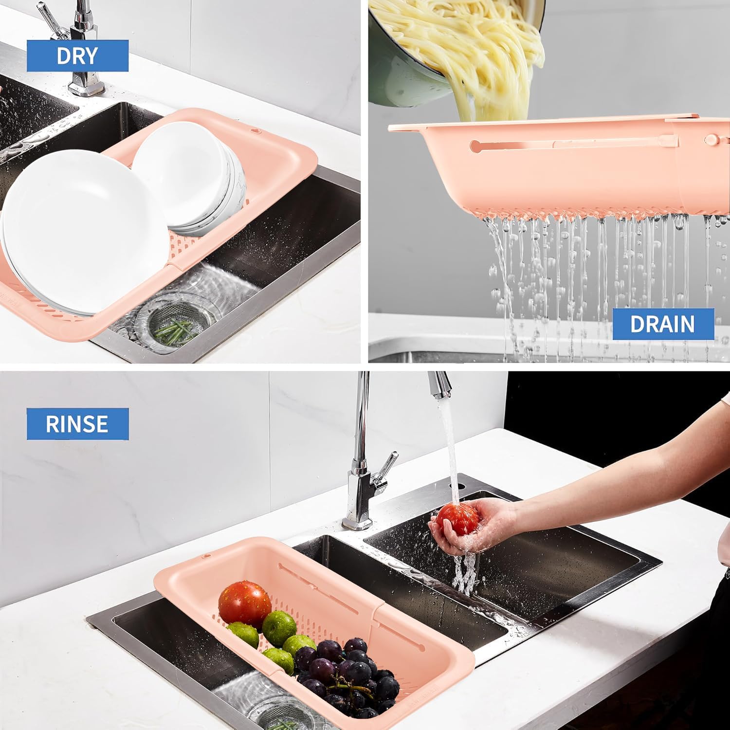 LASSHSWA Collapsible Colander and Strainer for Kitchen, Over the Sink Strainer Basket for Kitchen, Fruit Pasta Food Strainer Expandable Plastic Colander with A Sink Drain Strainer Stainless Steel