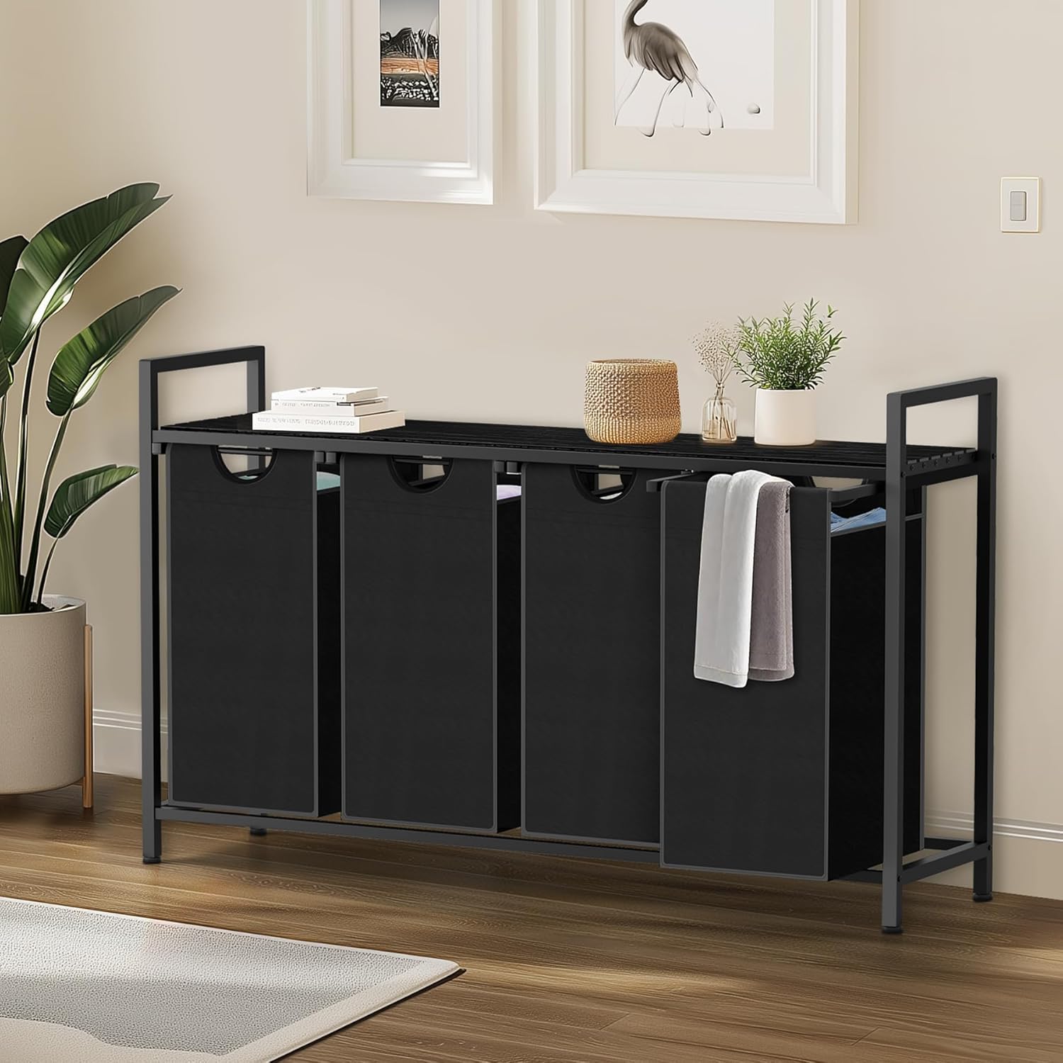 Laundry Hamper, Laundry Sorter with 4 Pull-Out Removable Oxford Fabric Bags Cloth Laundry Basket 4 x 10 Gallons (Charcoal Black)