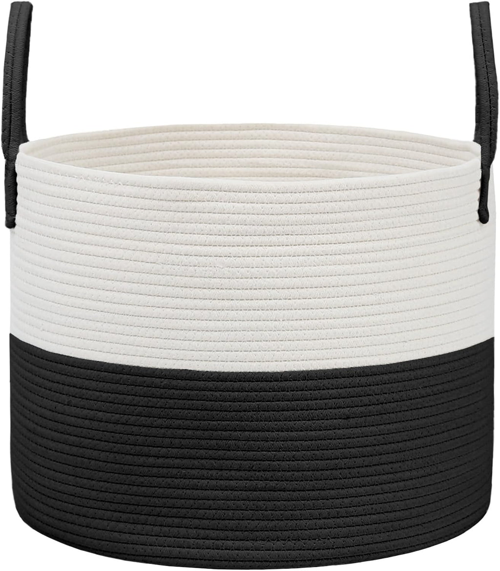 Woven Blanket Basket,115L Large Rope Storage Bin with Handles, Organizer for Blankets Toys Book and Clothes, Laundry Basket for Living Room Bedroom Nursery,White&Black