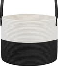 Woven Blanket Basket,115L Large Rope Storage Bin with Handles, Organizer for Blankets Toys Book and Clothes, Laundry Basket for Living Room Bedroom Nursery,White&Black