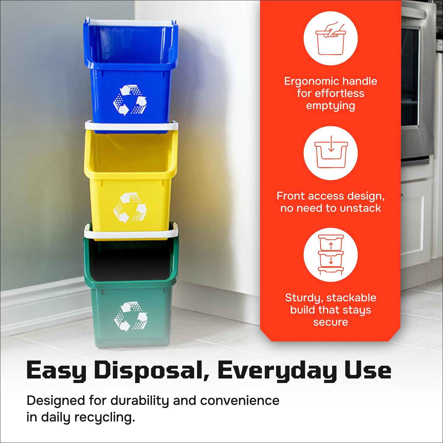 6 Gallon Stackable Recycling Bins for Homes, Garages, Offices Made of 100% Recycled Plastic - (Grey, 1 Pack)