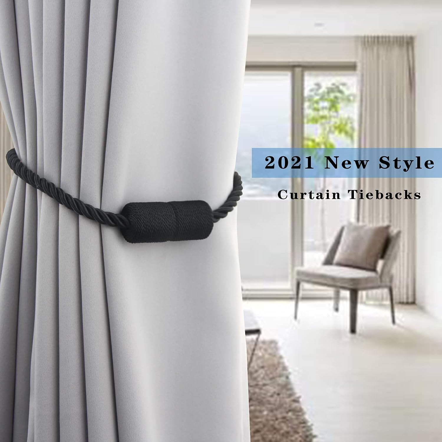 4 Pack Strong Magnetic Curtain Tiebacks Outdoor Elegant Decorative Tie Backs Modern Rope Tiebacks for Drapes Window Curtain Holdbacks for Draperies- Black