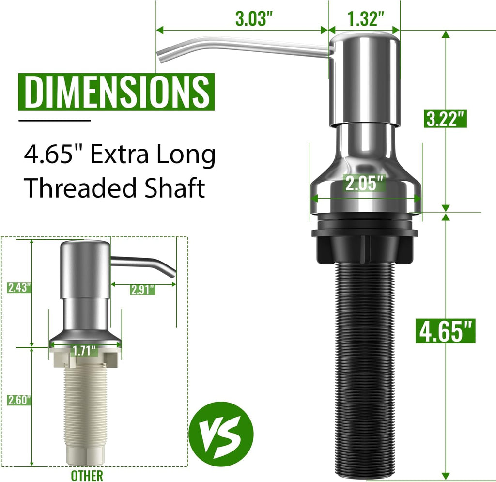 Soap Dispenser for Kitchen Sink, Kitchen Sink Soap Dispenser with 17 OZ Bottle, Refill from The Top Bar, Longer Threaded Shaft Shank, Wide Pump Head Base (Chrome)