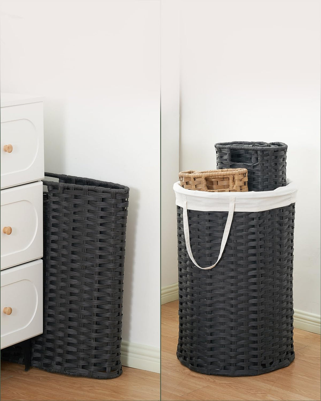 Laundry Basket with Lid Round Rattan Laundry Hamper with Lid and Handles 29.1 Gal (110 L) Handwoven Woven Basket with Removable Bags and 2 Mesh Bags for Bathroom Living Room Black