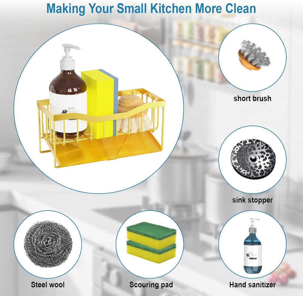 Vanwood Sink Organizer with Auto Draining Tray, Cocina Sponge Caddy and Dish Soap Holder