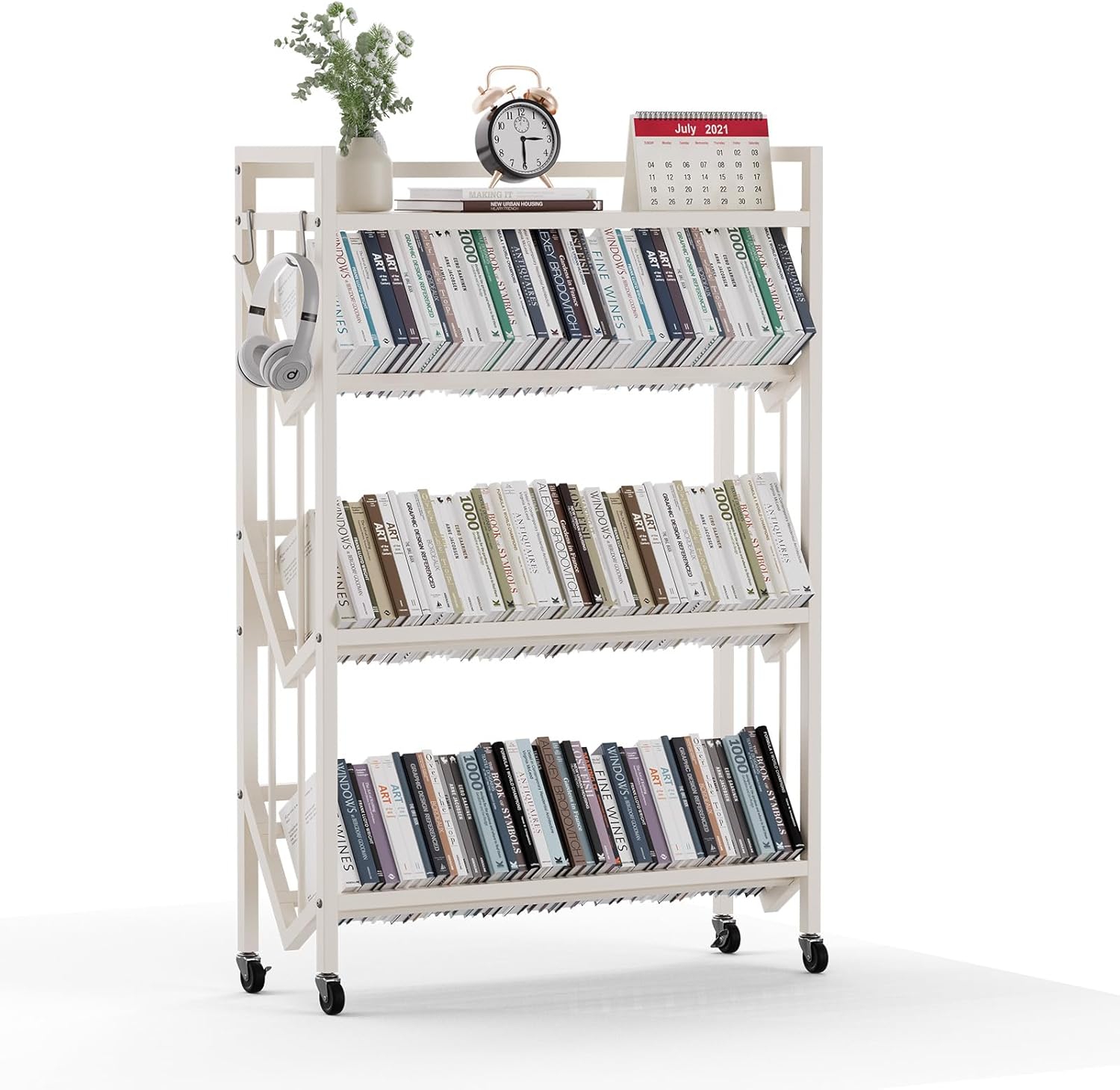 Book Carts 4 Tier 46.5x35.4x9.84 in Rolling Book Cart Large Capacity Bookshelf Storage Rack Mobile Book Storage with Wheels Cart for Home Office Living Room Classroom (White)