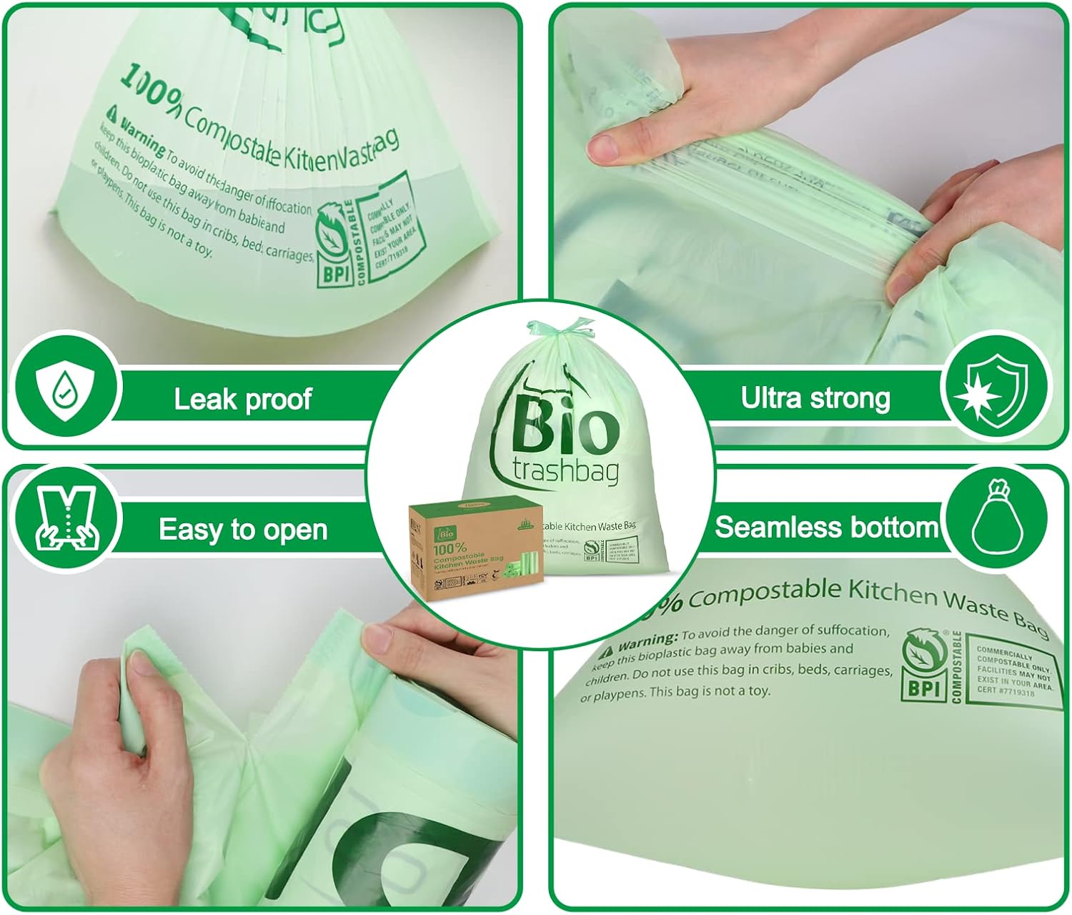 8 Gallon Compostable Trash Bags, 100 Count Drawstring Trash Bags Biodegradable, Heavy Duty Extra Thick Compost Bags, Kitchen Food Scrap Waste Bag, US BPI and OK Compost Home Certified