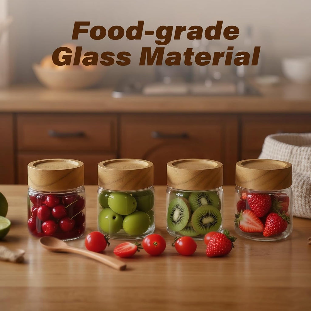 6-Pack 6 oz Airtight Food Sealed Jars with Acacia Wood Lids - Glass Meal Prep Containers for Overnight Oats, Snack Storage, Chia Pudding, Pantry Organization Essentials