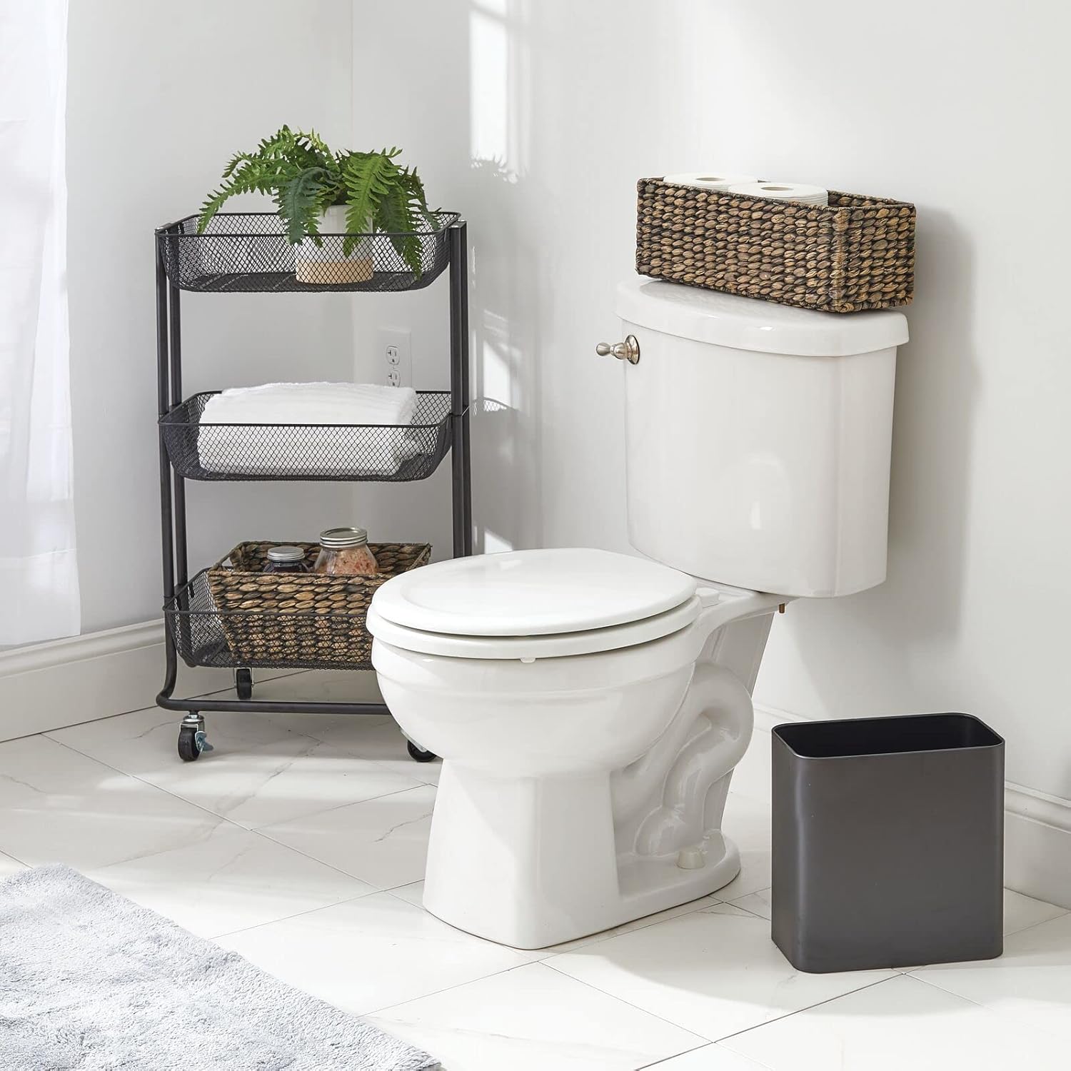 mDesign Small Metal 2.4 Gallon/9 Liter Trash Can Wastebasket Garbage Bin for Bathroom, Slim Rubbish Waste Bin Trashcans for Master/Guest Bath, Mirri Collection, Graphite Gray