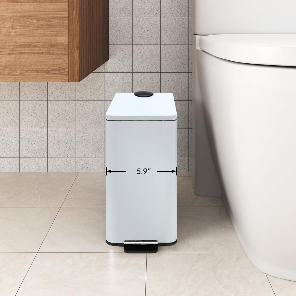 Stainless Steel Small Trash Can with Lid & Step Pedal - 6 Liters/1.6 Gallon Soft Close Garbage Can with Removeable Inner Bucket - Trash Cans for Bathroom, Bedroom, Kitchen & Office (White)