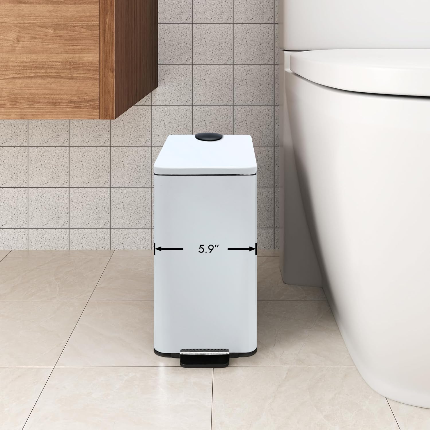Stainless Steel Small Trash Can with Lid & Step Pedal - 6 Liters/1.6 Gallon Soft Close Garbage Can with Removeable Inner Bucket - Trash Cans for Bathroom, Bedroom, Kitchen & Office (White)