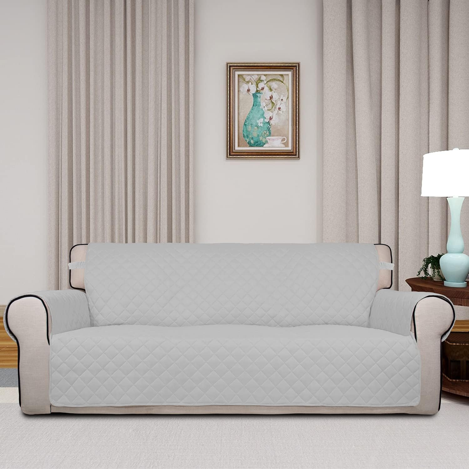 PureFit Reversible Quilted Sofa Cover, Water Resistant Slipcover Furniture Protector, Washable Couch Cover with Non Slip and Elastic Straps for Kids, Pets (Oversized Sofa, Light Gray/Ivory)