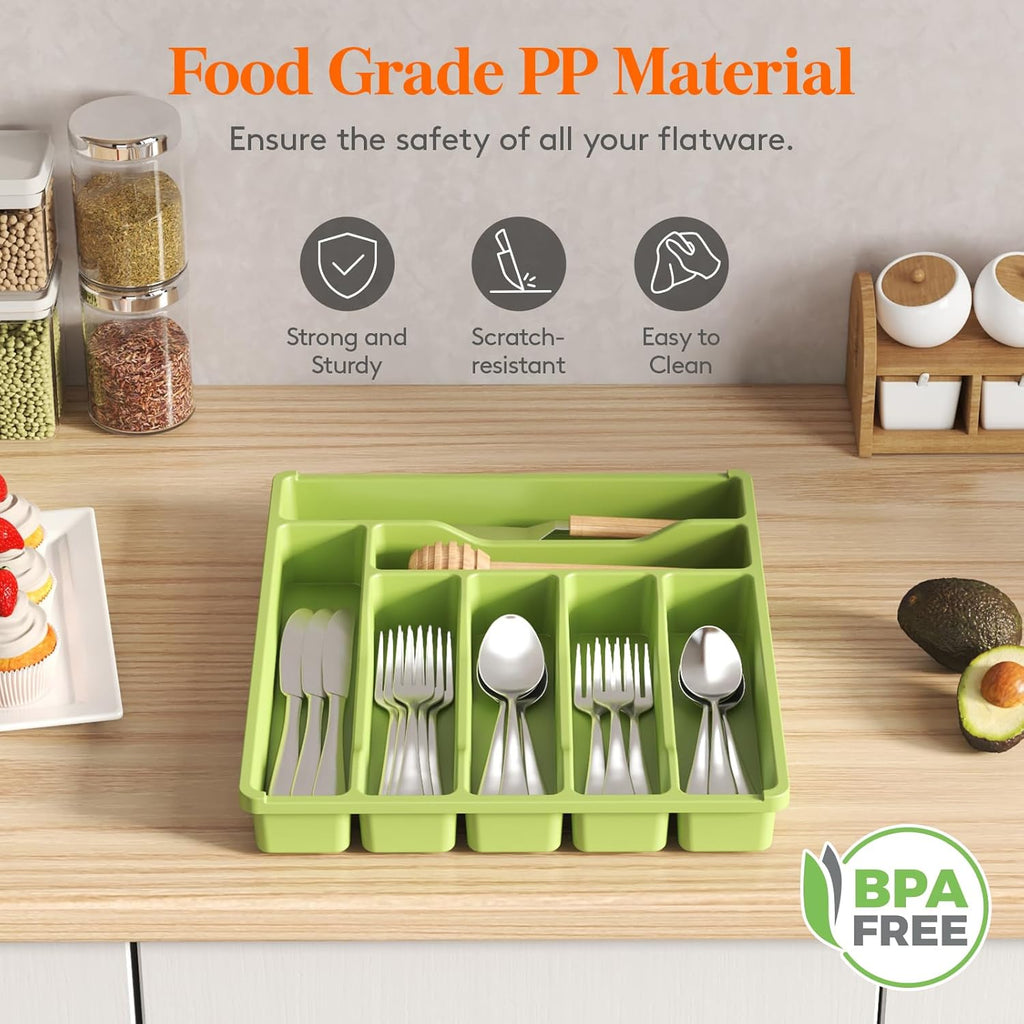 Lifewit Silverware Drawer Organizer Tray, Plastic Cutlery Storage for Kitchen Drawer, Flatware and Utensil Holder Divider for Spoons Forks Knives Tableware, 7 Compartment, Green