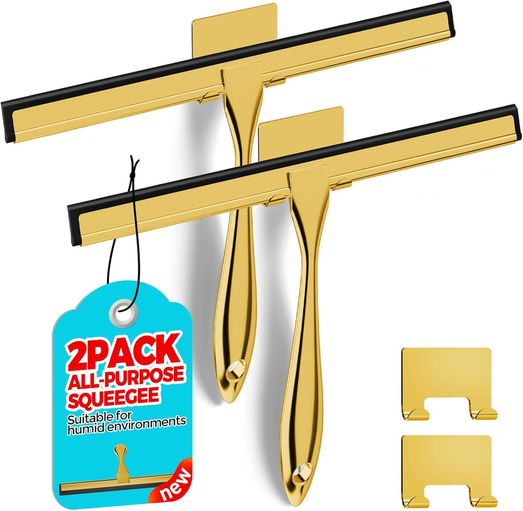 2PACK 12-Inch Golden All-Purpose Shower Squeegee for Shower Doors, Bath Linen Sets, Tile Shower Walls, Bathroom, Window, Glass and Car Windshield, Mirrors and Kitchen-Stainless Steel