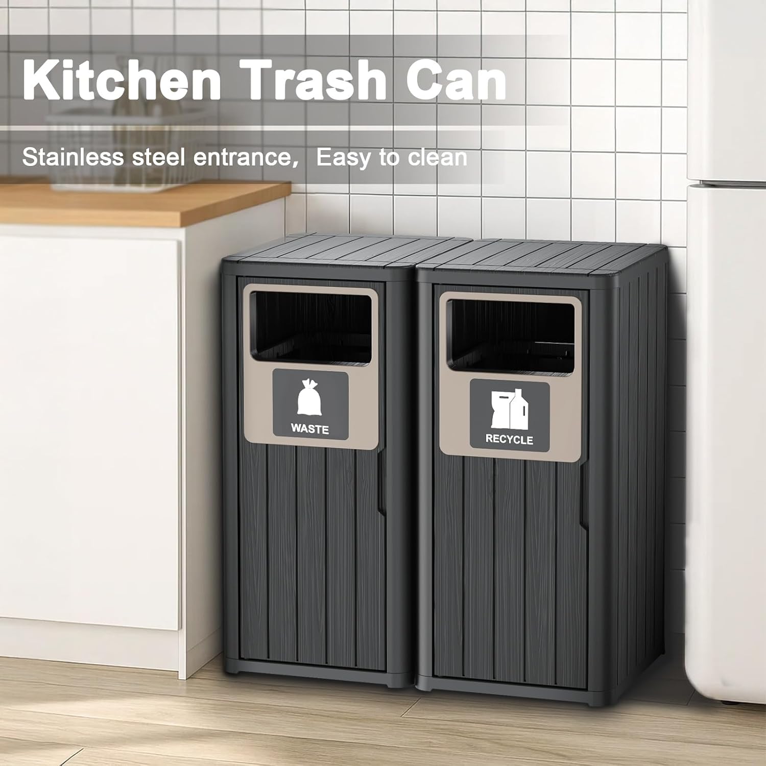 Outdoor Double Barrel Trash Can,Waterproof Resin Garbage Can with Garbage Labels,Durable Waste Bin for Porch, Backyard,Kitchen,for 30 to 39 Gallon Trash Bags