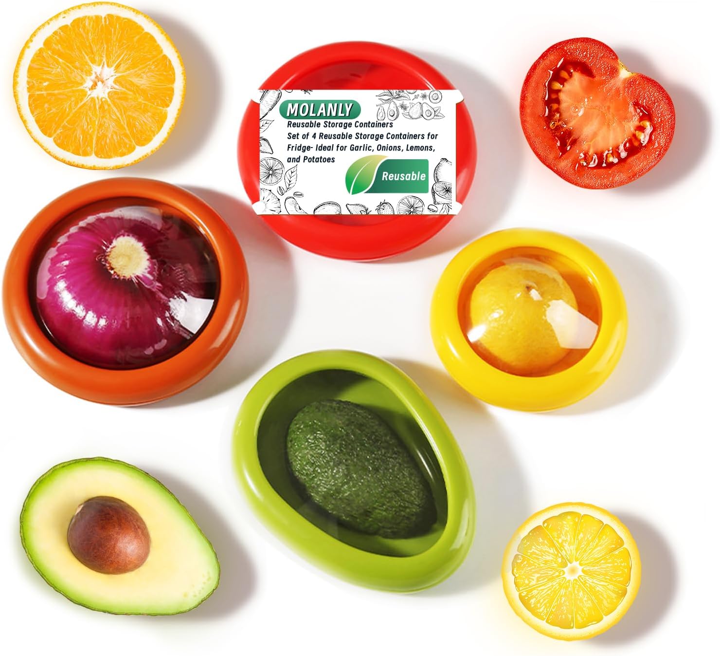 Set of 4 Saver and Tomato Holder - Reusable Storage Containers for Fridge - Fridge Organizer Ideal for Garlic, Onions, Lemons, and Potatoes