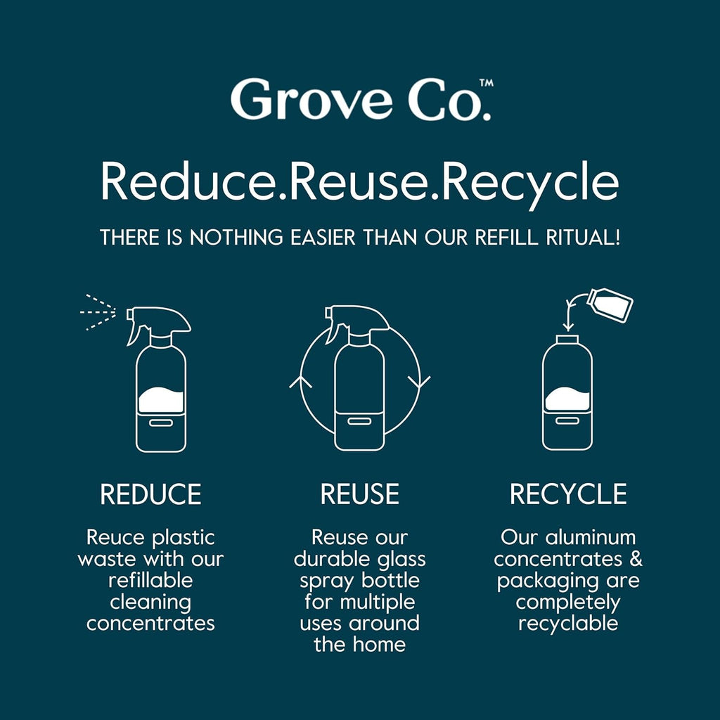 Grove Co. Tub and Tile Cleaner Refill Concentrate (2 x 1 Fl Oz) + 1 x Reusable Glass Spray Bottle (16 Oz) Plant-Based Cleaning Supplies Bundle, No Plastic Waste, 100% Natural Orange & Rosemary Scent