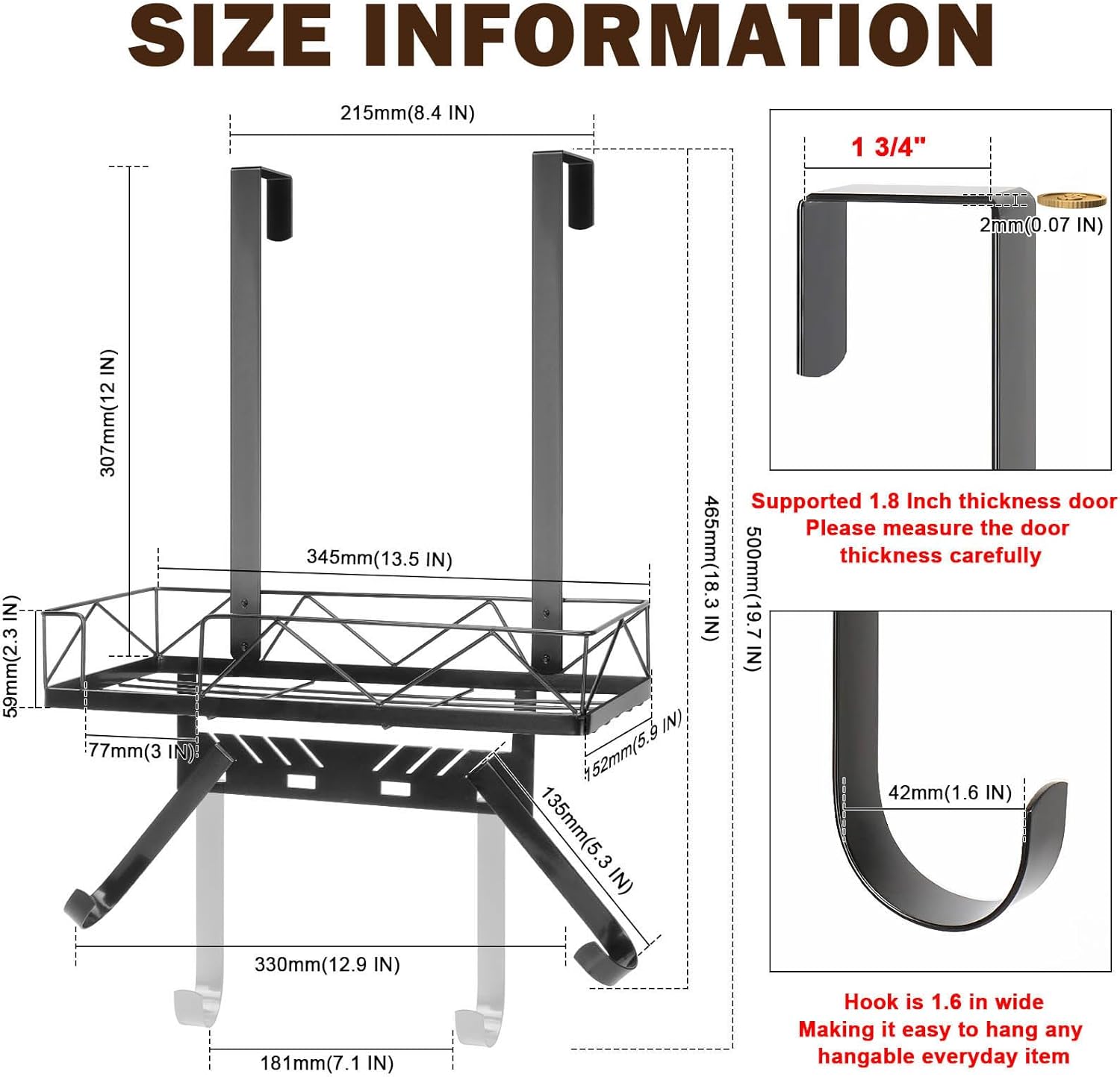Ironing Board Hanger, Metal Over The Door or Wall Mounted Ironing Board Caddy, Ironing Board Storage Shelf with Adjustable Hooks for Laundry Room, Living Room, Bathroom (Matte Black)