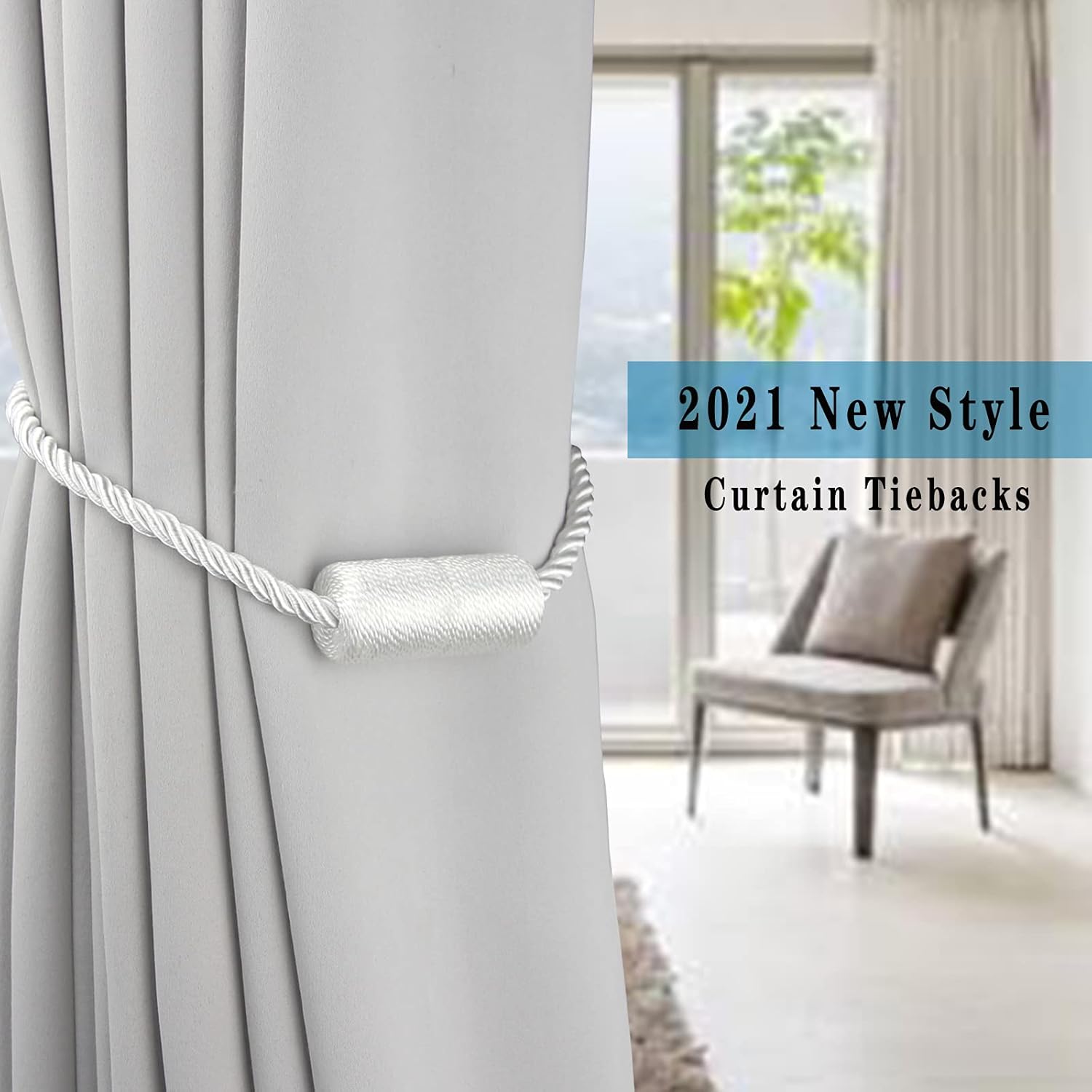 6 Pack White Strong Magnetic Curtain Tiebacks Outdoor Elegant Decorative Tie Backs Modern Rope Tiebacks for Drapes Window Curtain Holdbacks for Draperies