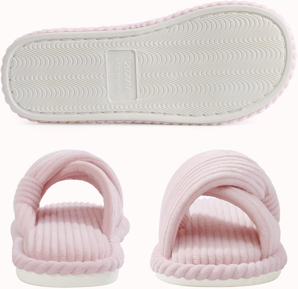 Evshine Summer House Slippers for Women Corduroy Cross Bow Indoor Slippers Open Toe Slip On Bedroom Shoes with Memory Foam