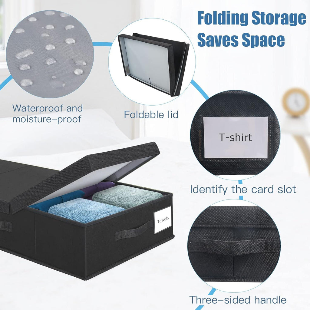 Underbed Storage Containers Bin with Lids (Set of 2) Large Under Bed Storage Organizer Box with Handle, Foldable Under the Storage Bags for Organizing Clothes, Shoes, Blankets, Pillows-Black