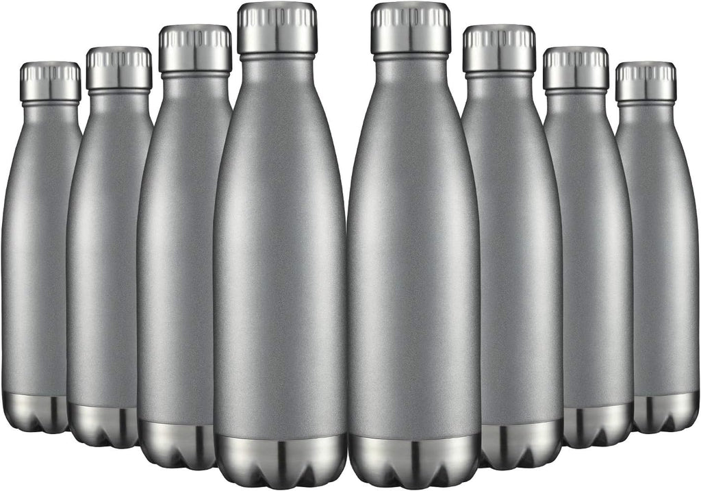 HASLE OUTFITTERS 17oz Stainless Steel Water Bottles Bulk, Vacuum Insulated Water Bottles Double Walled Reusable Metal Sports Water Bottles Keep Drinks Hot and Cold, Gray, 8Packs
