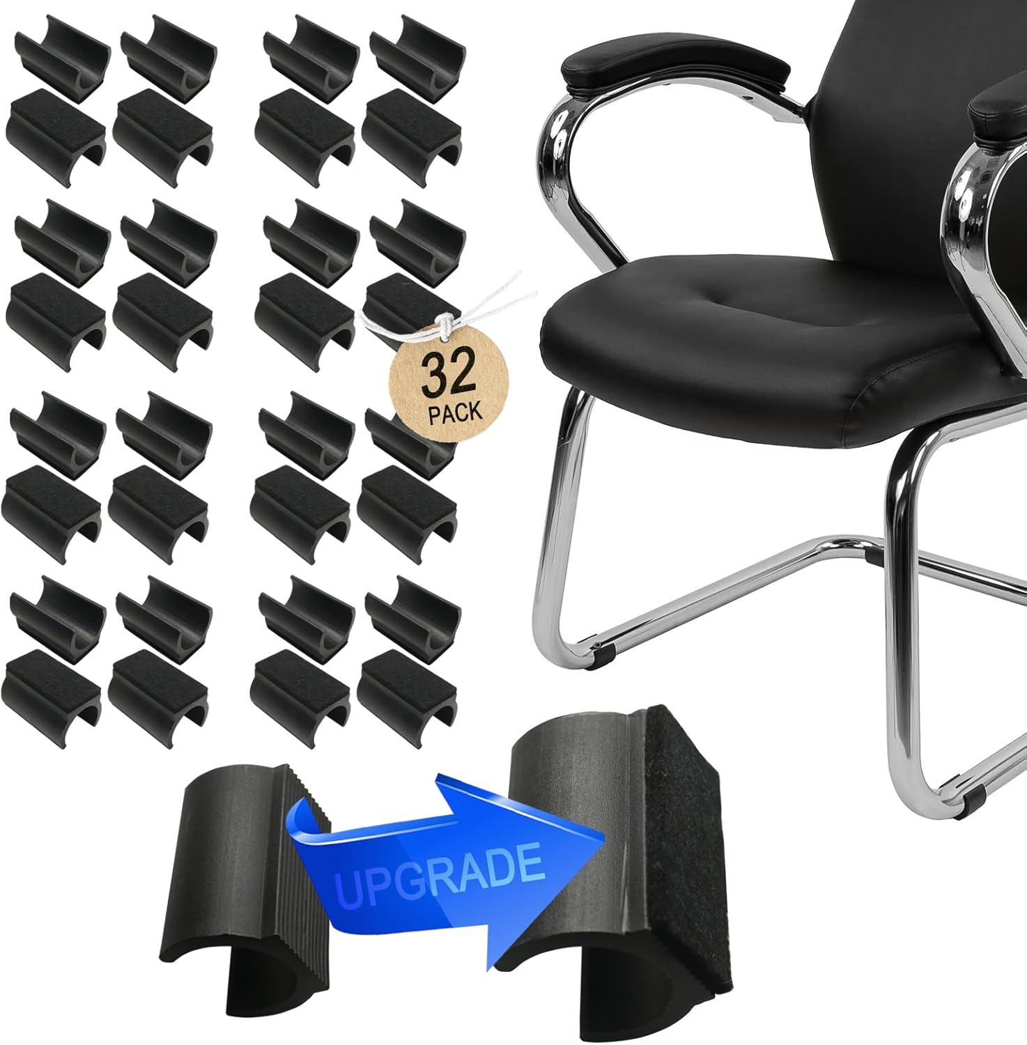 Rectangle U Shaped Chair Leg Tips Cap with Felt Pads,Furniture Feet Protector Slide Smoothly Glides,Protect Hardwood Floor No Scratches No Noise,Fit 19mm(3/4inch) Diameter Tubular Legs (Black 32PCS)