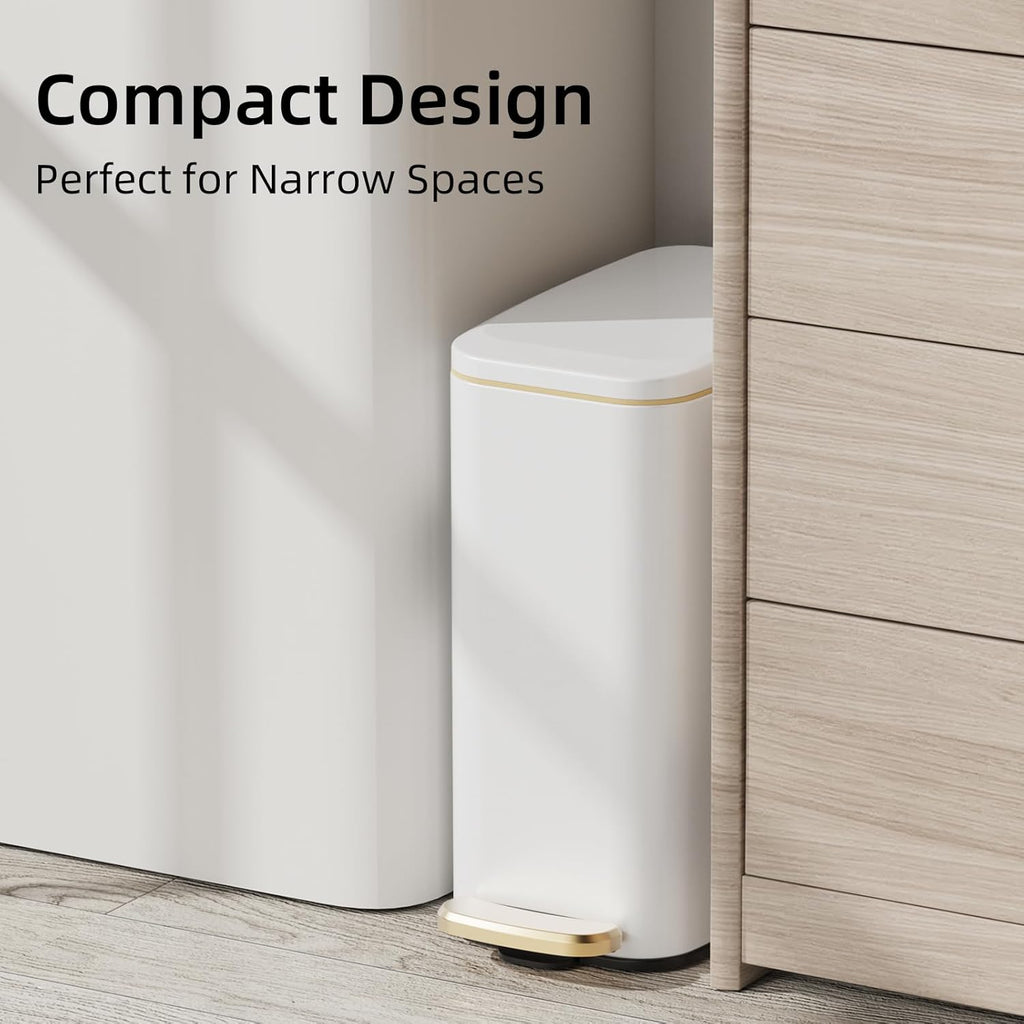 KUK Slim Bathroom Trash Can with Lid, 1.6 Gal / 6L Stainless Steel Small Garbage Bin with Detachable Inner Bucket, Step Pedal, Silent Close, Wastebasket for Toilet, Bedroom, Home, Office (White)