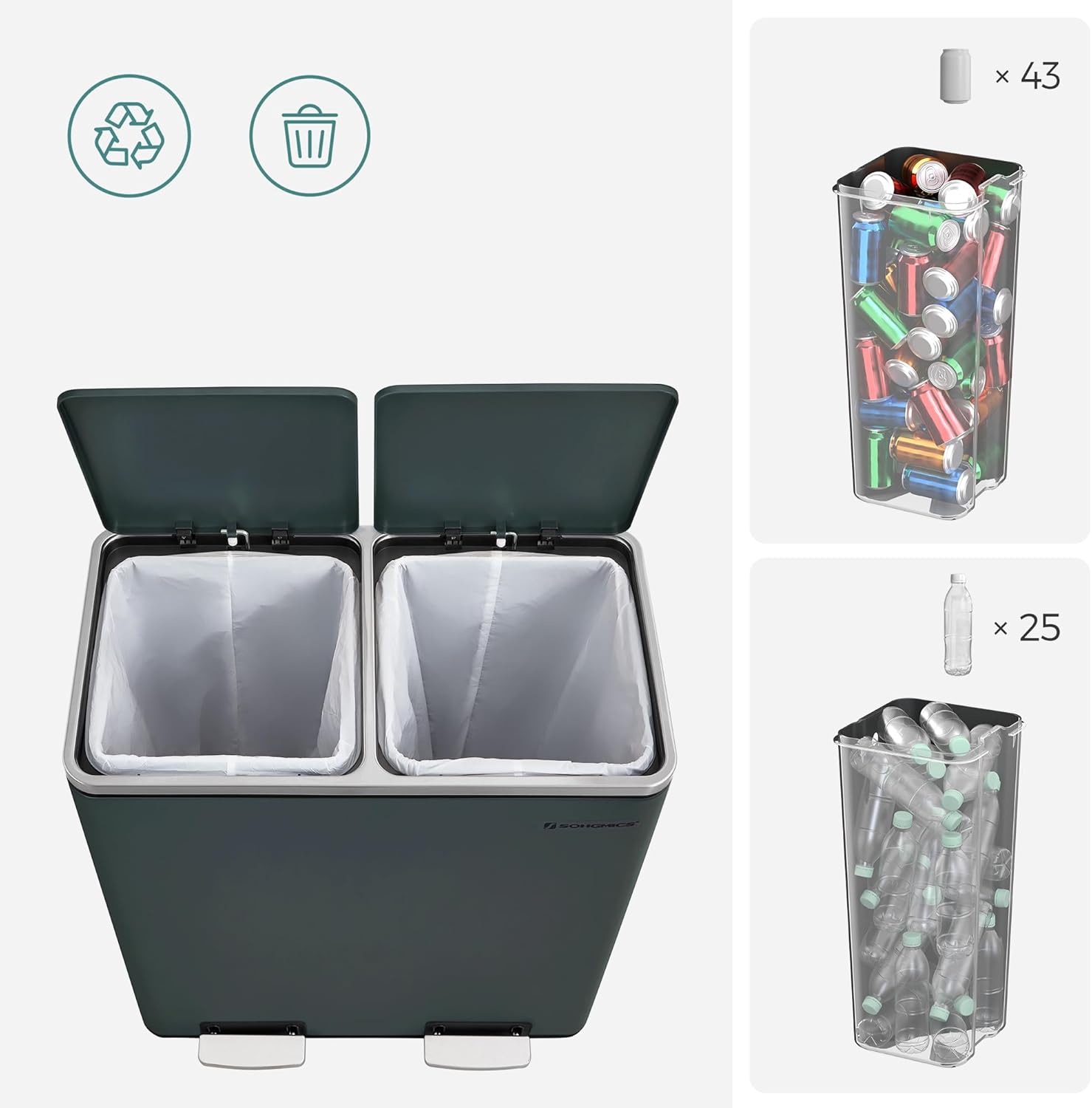 SONGMICS Trash Can, 2 x 8 Gallon (2 x 30 L) Garbage Can for Kitchen, with 15 Trash Bags, 2 Compartments, Plastic Inner Buckets and Hinged Lids, Airtight, Greenish-Gray ULTB60GS02