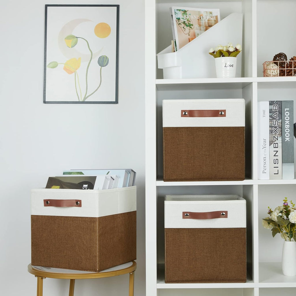 HNZIGE Fabric Cubes Storage Bins Set of 4,11 x 11 Clothes Storage Cube Baskets,Cube Organizing Bins for Shelves with Handles,Canvas Baskets for Organizing Home(Brown White)