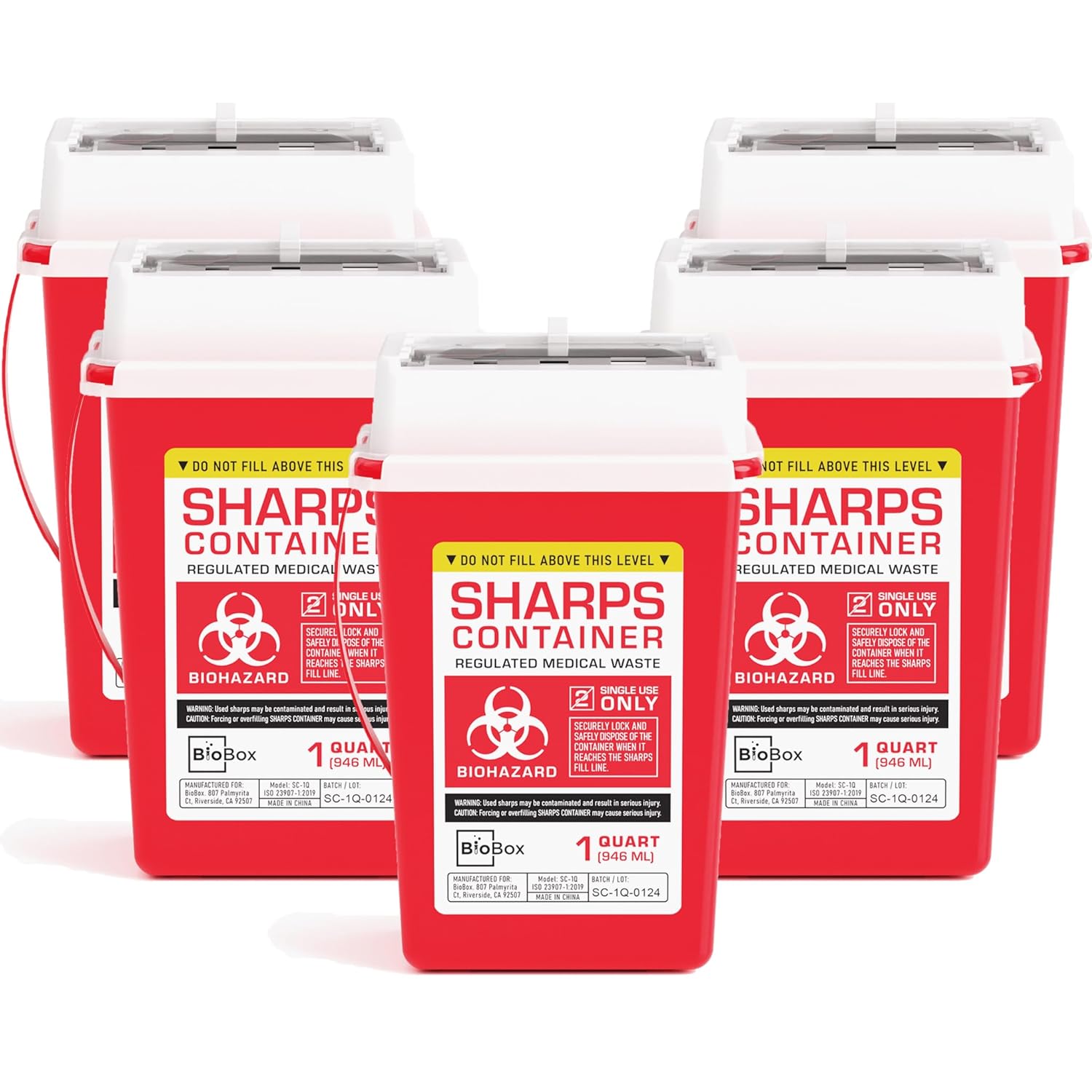 Sharps Container Large - Sharps Containers for Home Use and Labs - Portable Needle Disposal and Travel Size Biohazard Bin - 1 Quart (Pack of 5)