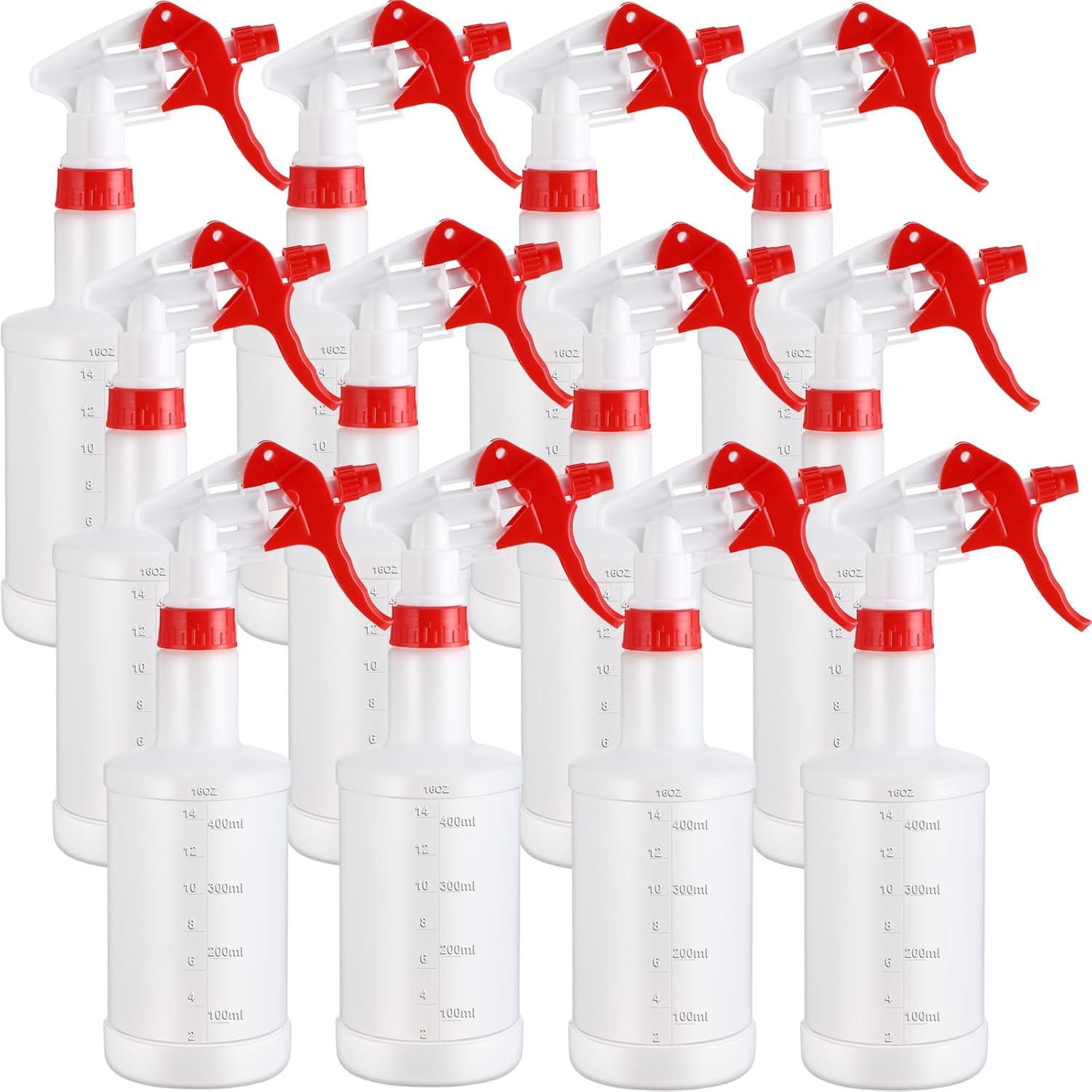 Eccliy 12 Pcs 16 Oz Plastic Spray Bottle, Adjustable Empty Reusable Sprayer for Cleaning, Planting, Water, Bathroom and Kitchen, BBQ, Commercial and Residential(Red & White,Measurement)