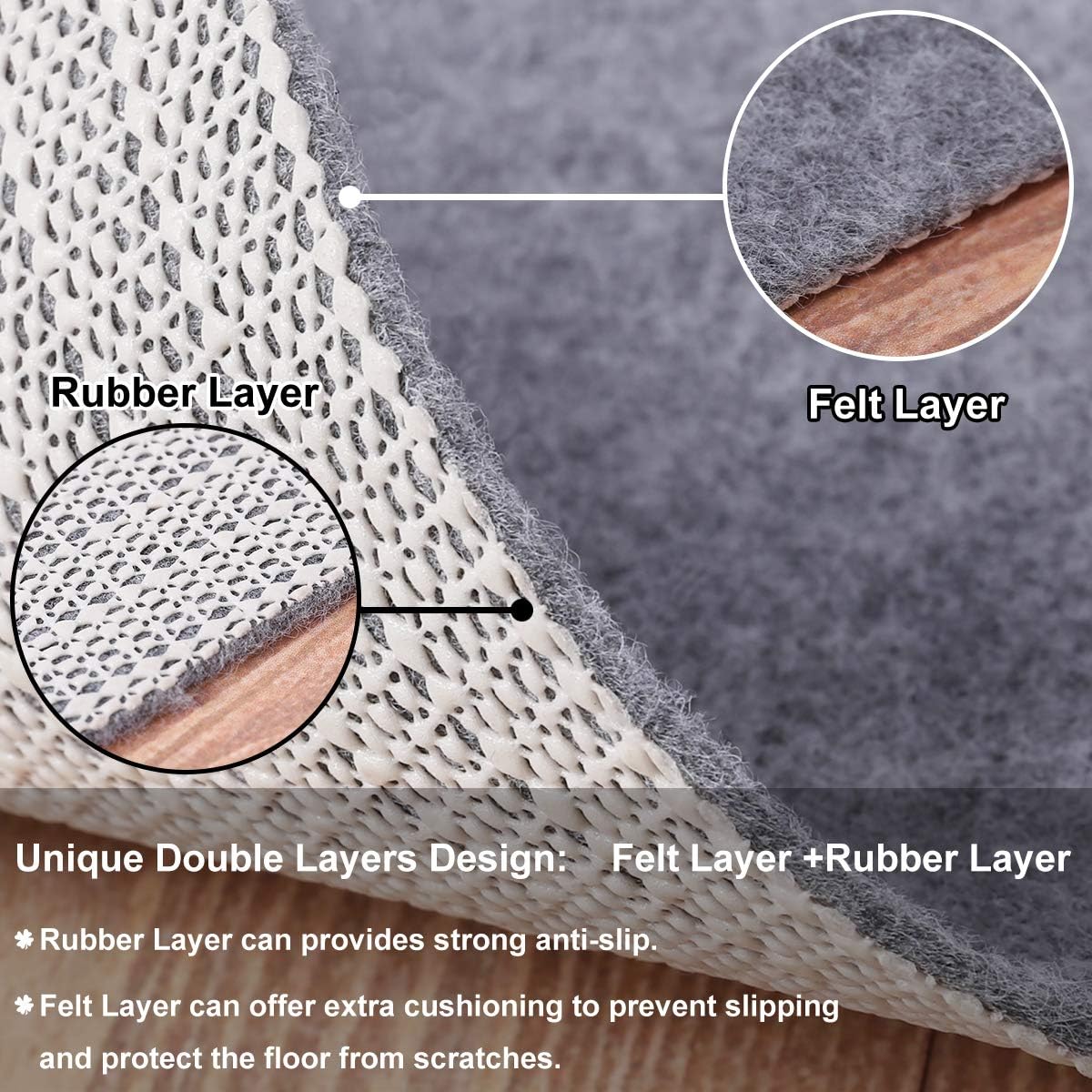 Non Slip Rug Pad Grippers - Square 6x6, 1/8" Thick, (Felt + Rubber) Double Layers Area Carpet Mat Tap, Provides Protection Cushioning for Hardwood or Tile Floors