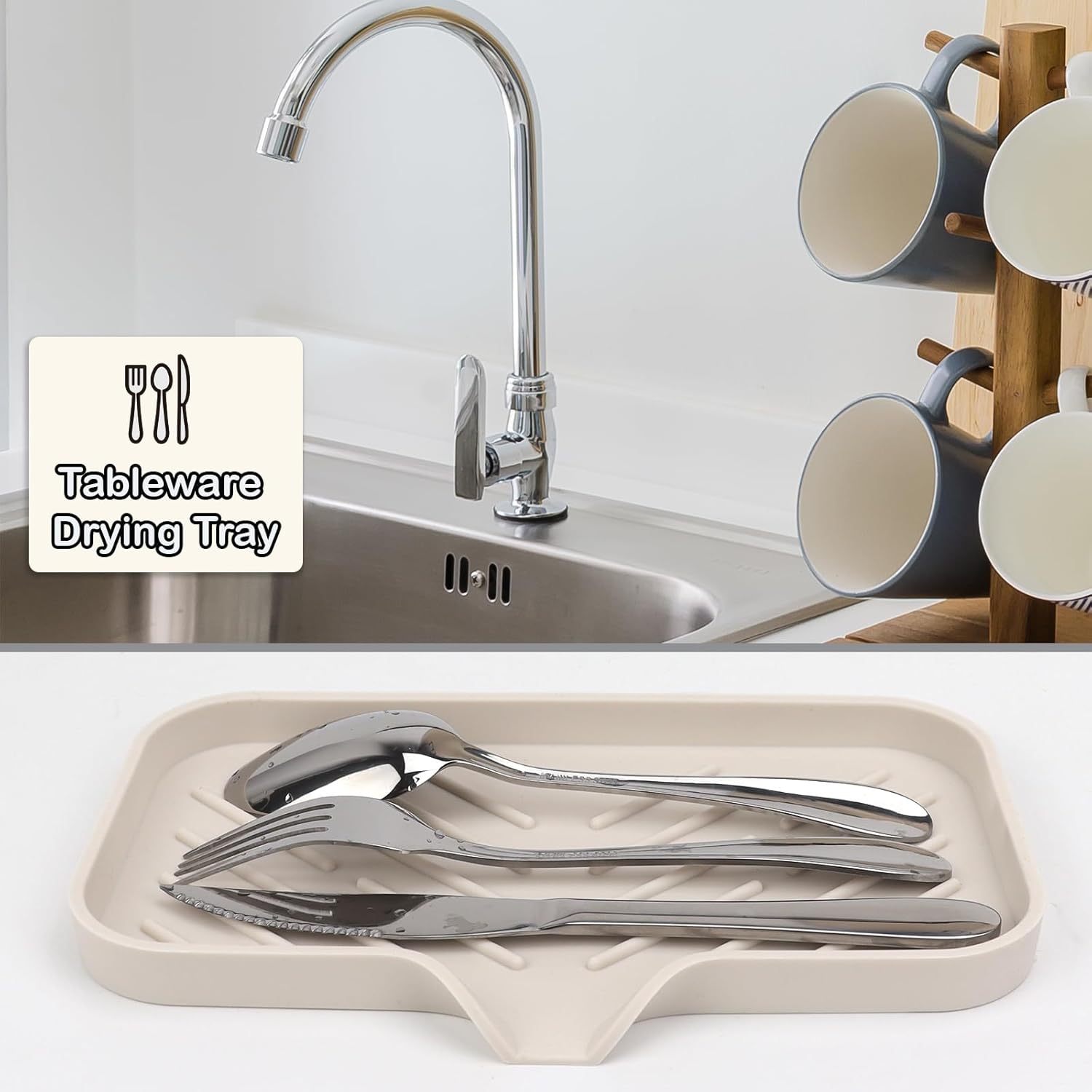 YASMEN Silicone Bathroom Soap Dishes, Sink Sponge Holder for Kitchen, Rubber Soap Dish with Drain, Shower Soap Sponge Tray, Sink or Counter Organizer, for Bar Soap, Bottle, Dish Soap Dispenser-Tapioca
