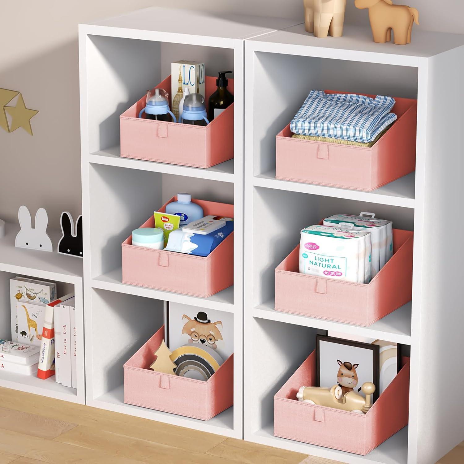 DIMJ Closet Storage Bins 8 Pack - Fabric Trapezoid Closet Organizer Bin, Foldable Storage Baskets for Shelves, Closet Shelf Organizer, Clothing Storage Box for Toys, Books, Towel, Clothes, Pink